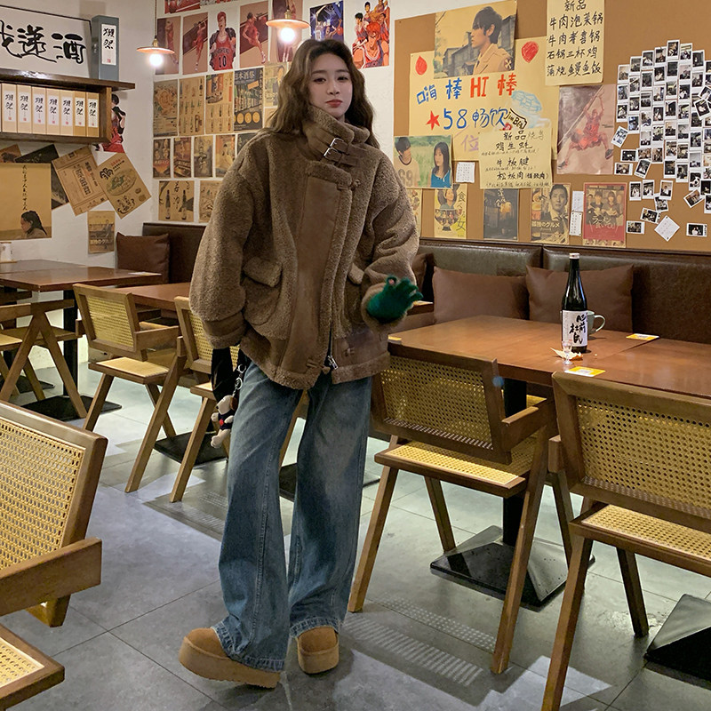 美拉德皮毛一体羊羔毛外套加厚保暖机车服2379P205控298,女装棉衣/棉服,2C029