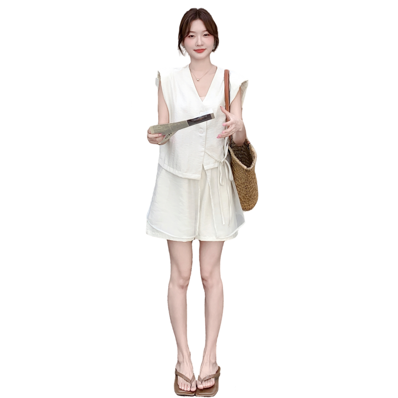 气质V领系带拼接纱无袖上衣阔腿短裤套装女2025年夏季新款两件套,女装连衣裙,2D008