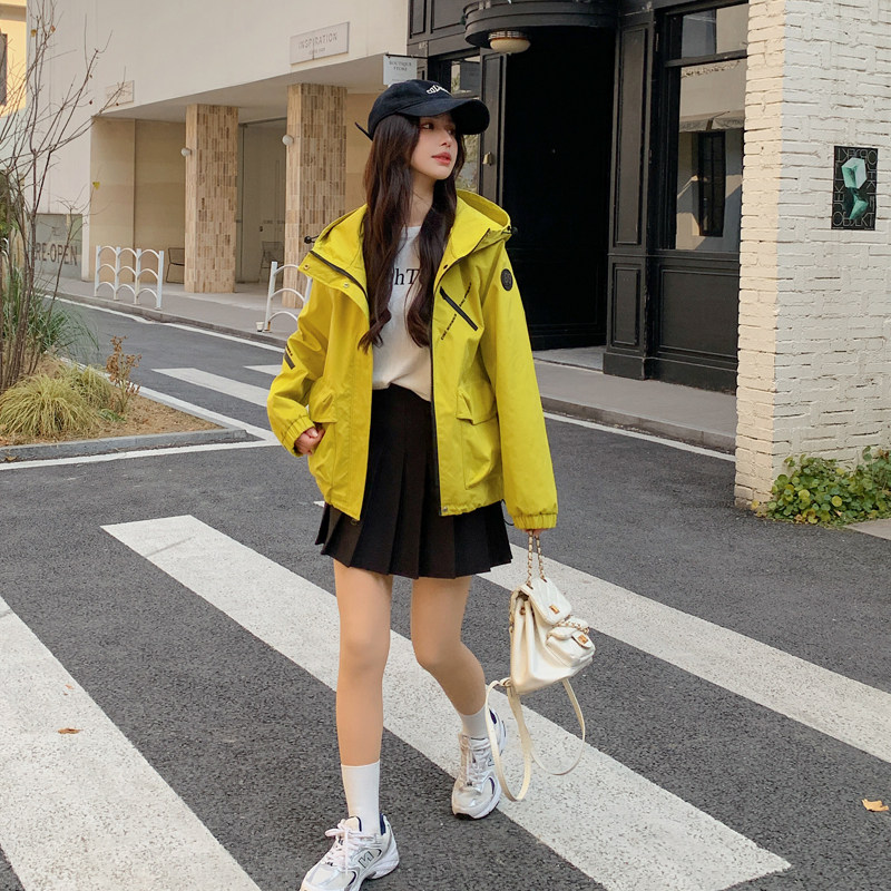 黄色防风连帽冲锋衣女2025秋季新款韩版宽松休闲工装外套流行爆款图片