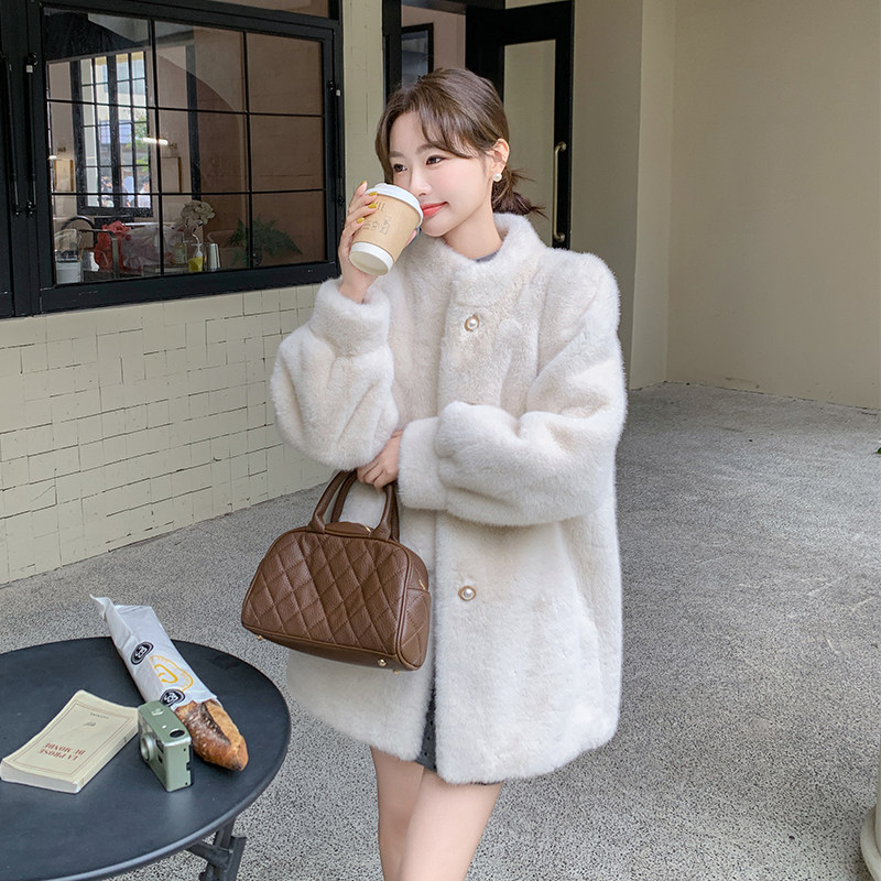 现货！2025冬装款仿貂毛中长款白色皮毛一体2C056-6839-P175控248,女装毛呢外套,2C056
