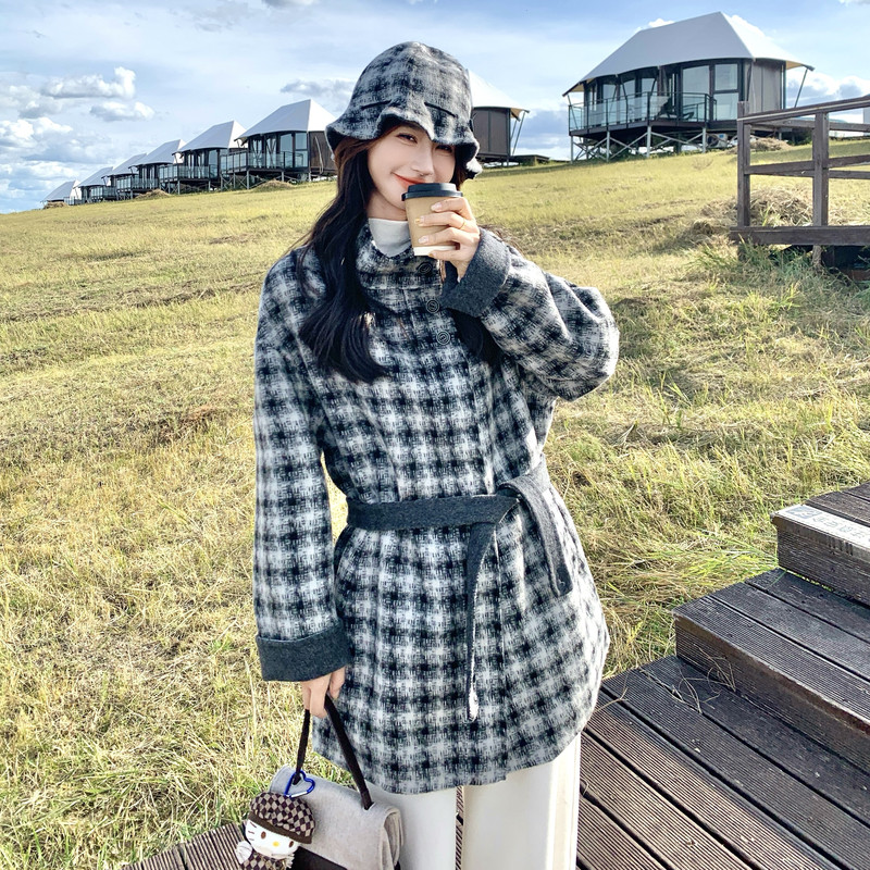 蓝色格子立领宽松羊毛双面羊绒大衣女冬季新款中长款加厚毛呢外套，女装羊绒大衣，2C056