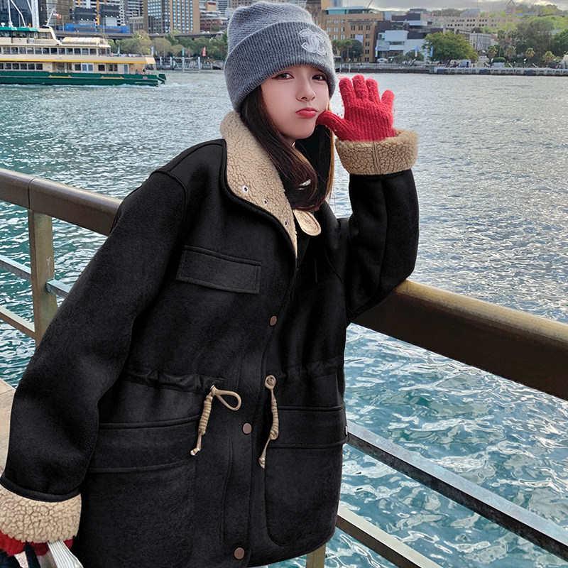 抽绳收腰鹿皮绒皮毛一体外套女秋冬巨好看加绒加厚中长羊羔毛大衣,女装皮草,2C103