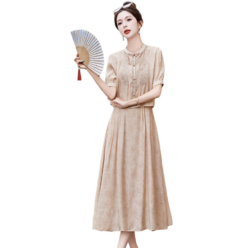 2025新款夏装复古优雅盘扣显瘦减龄刺绣印花两件套套装裙,女装套装/套裙,丽莎妳雅