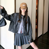 美式复古风黑色短款机车服外套女春秋超火好看高级感小众夹克上衣，女装皮衣，2C282