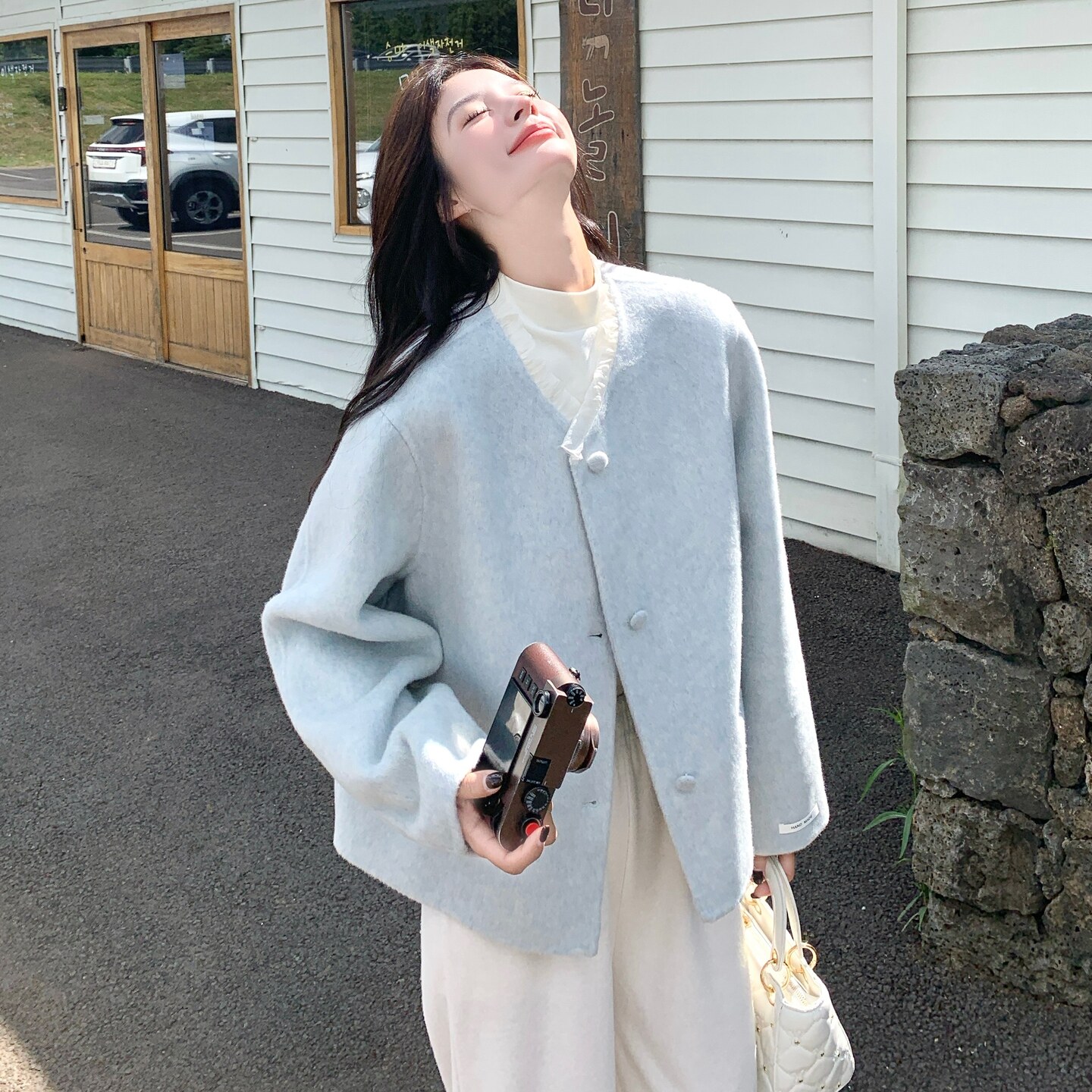 【现货】网纱边包扣双面羊绒羊毛双面呢大衣w406p195k278,女装毛呢外套,2C298