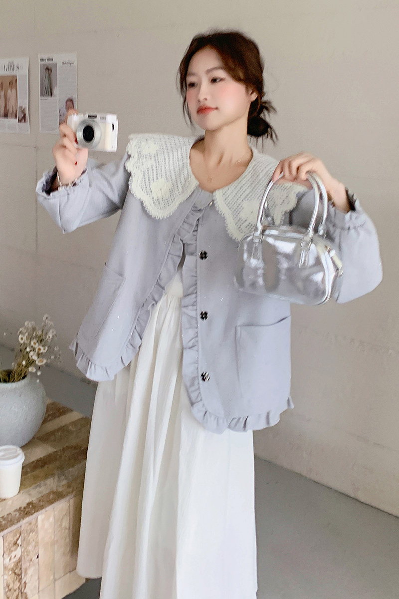 小香风蕾丝娃娃领外套女2025春季新款小个子甜美减龄超好看短上衣,女装短外套,2C057
