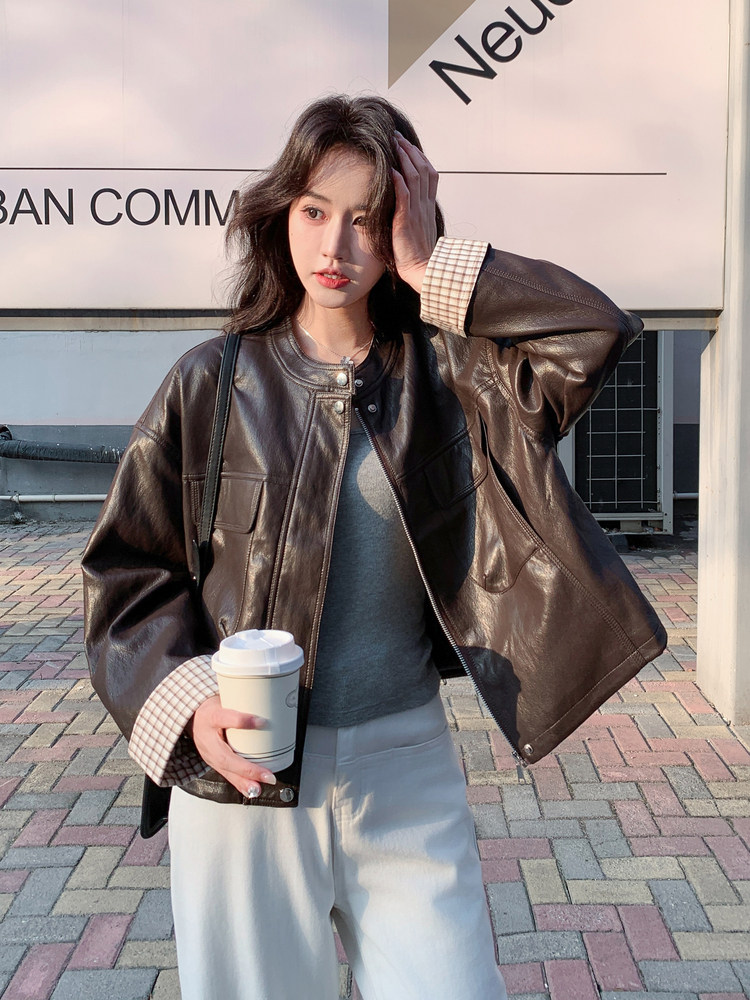 【现货】26新款春季皮衣咖色长袖外套2C215-P155-K248,女装皮衣,2C215