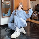 盐系穿搭休闲时尚套装女2025春拼接蕾丝洋气蓝色卫衣阔腿裤两件套，女装套装/套裙，2D044