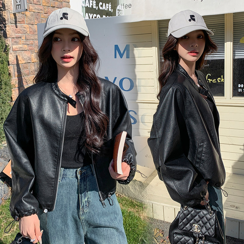 韩版宽松休闲PU皮衣外套女2025春秋季新款高级感炸街显瘦夹克上衣,女装皮衣,安在秀（1C042）
