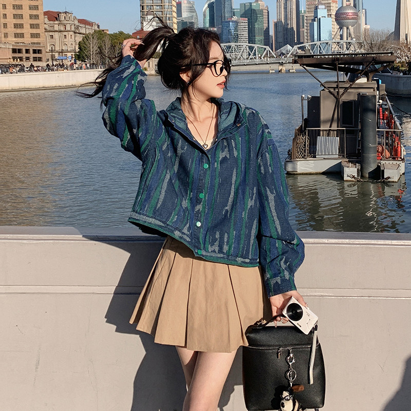 高级感炸街连帽早秋牛仔短外套女小个子2024春秋新款时尚夹克上衣,女装套装/套裙,2C112