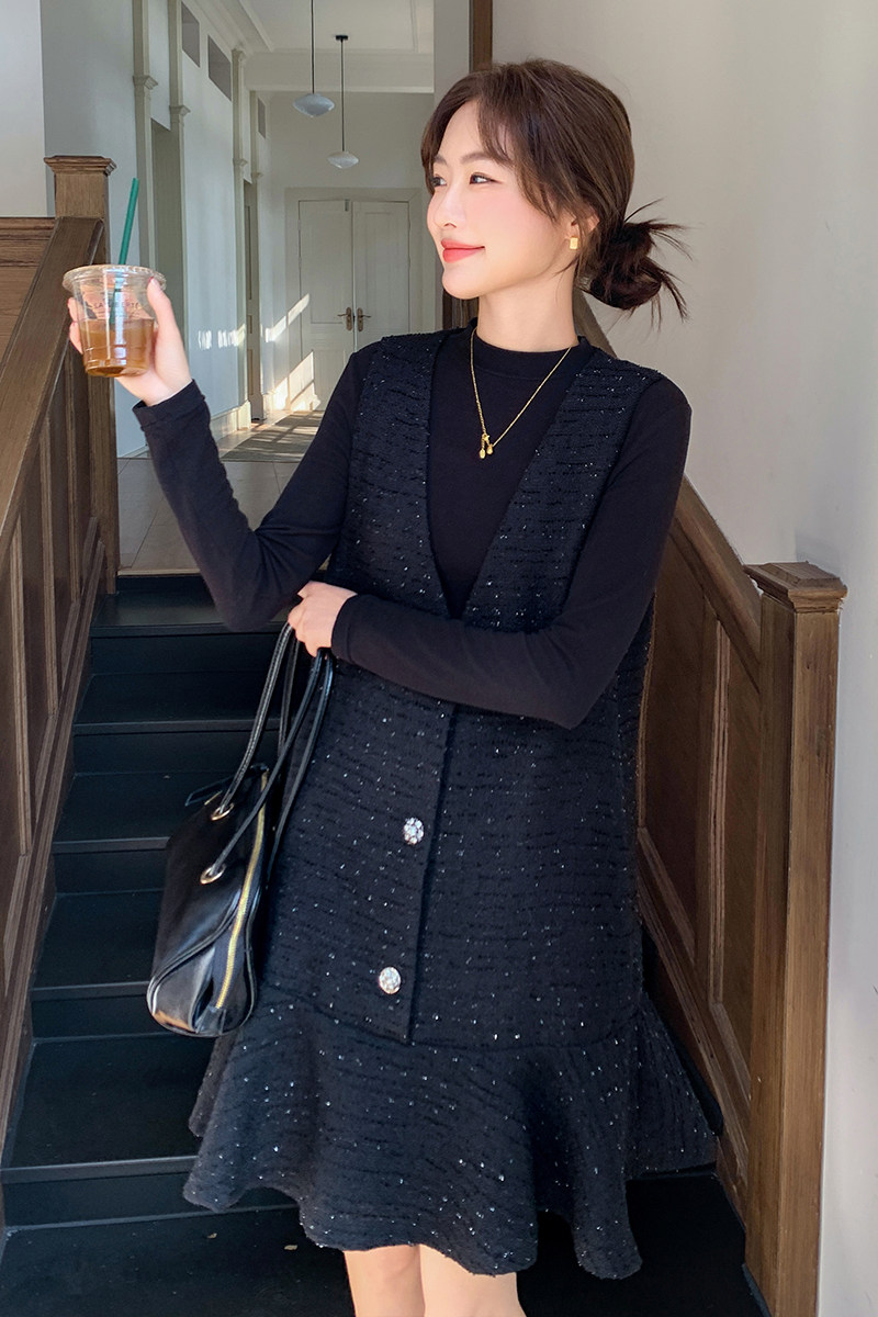 亮丝拼接小香风连衣裙女2025春秋季新款高级感名媛显瘦无袖背心裙,女装连衣裙,2C088