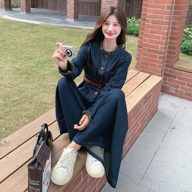 韩版时尚做旧毛边牛仔套装女2025春秋季新款显瘦高腰阔腿裤两件套,女装套装/套裙,2C098