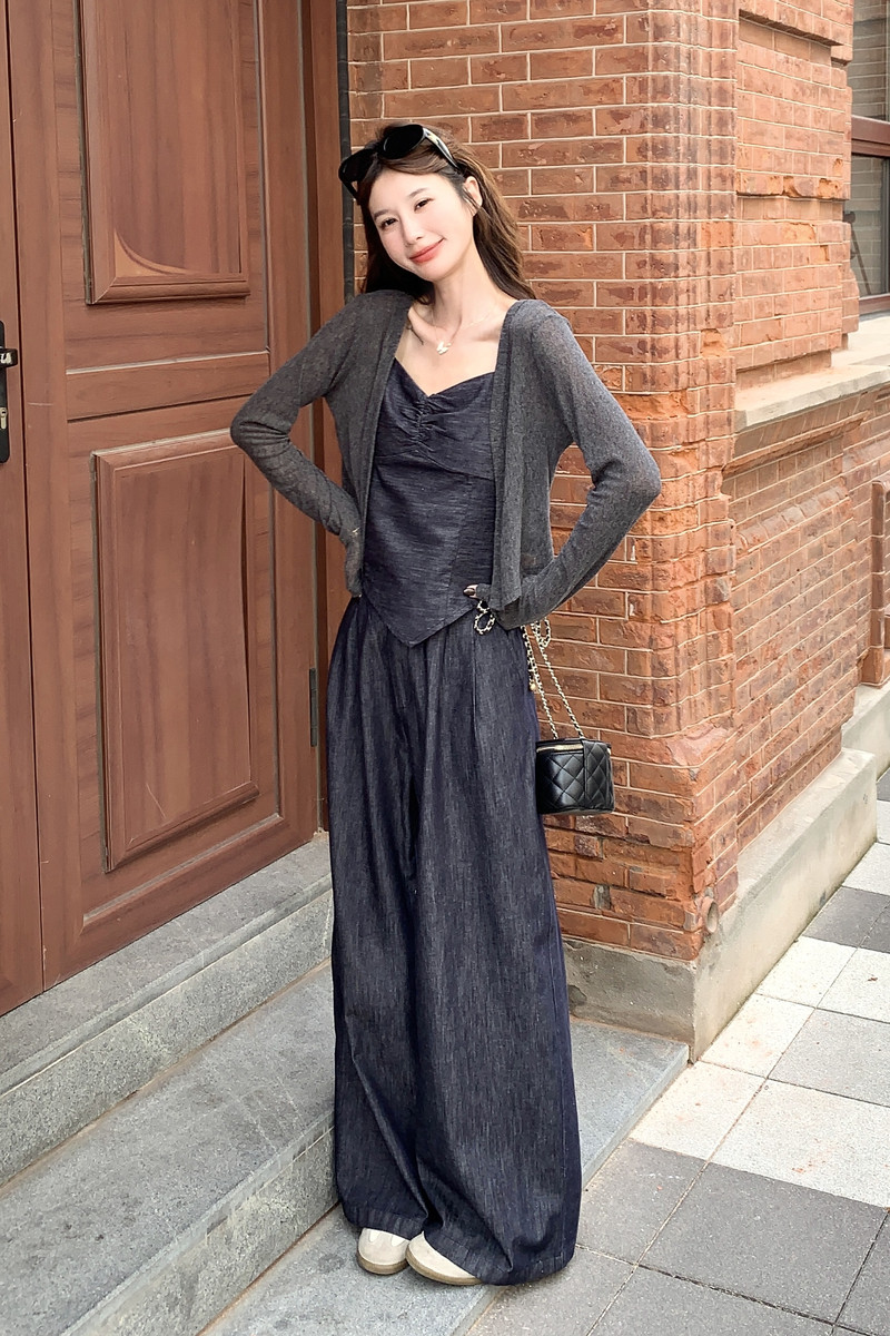 韩系气质通勤休闲风开衫套装女2026秋季新款吊带牛仔阔腿裤三件套,女装套装/套裙,2C159