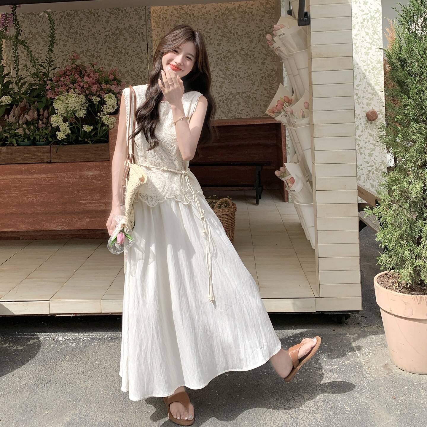 超好看夏日漂亮小套装女2025新款蕾丝拼接背心半身裙温柔风两件套,女装连衣裙,2C166