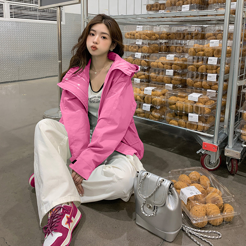 学院风绿色连帽情侣冲锋衣外套女春秋2025新款高级感chic宽松夹克,女装风衣,2C029