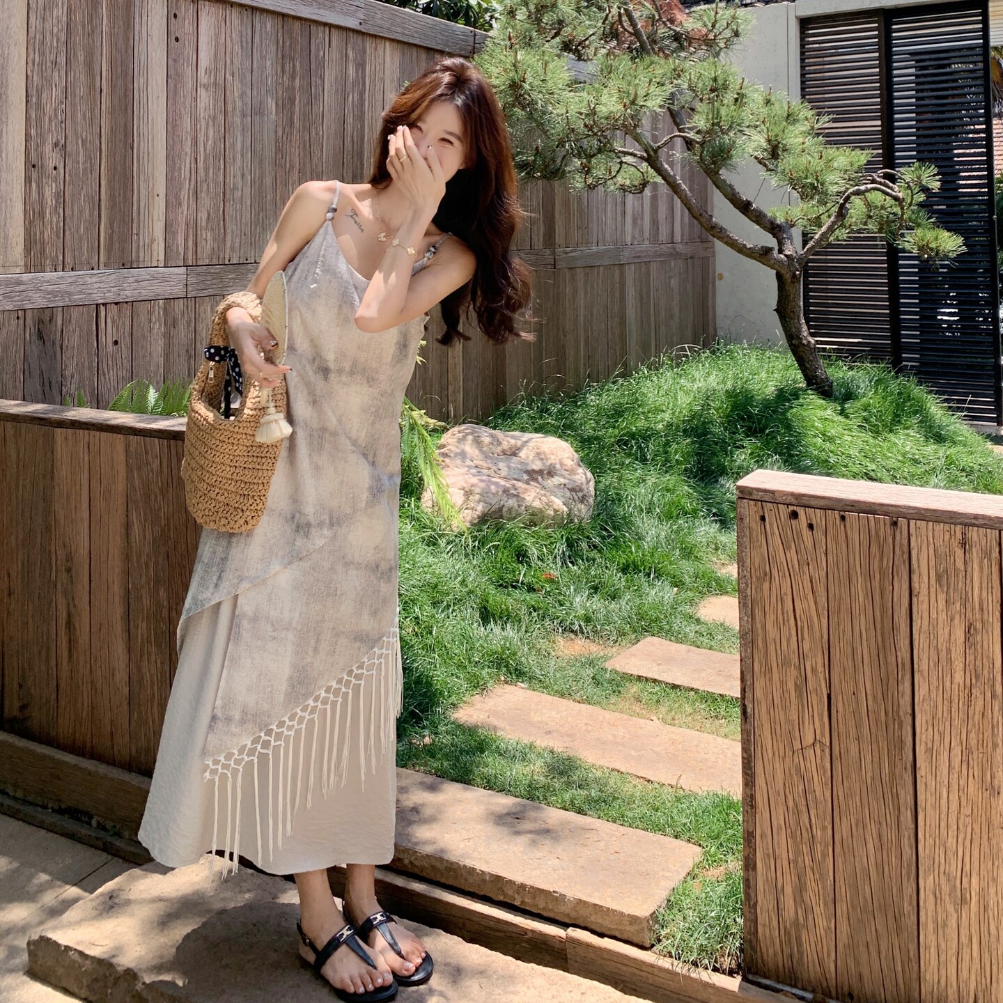 减龄流苏扎染吊带连衣裙女夏2025新款独特绝美显瘦长裙超好看洋气,女装连衣裙,2C271