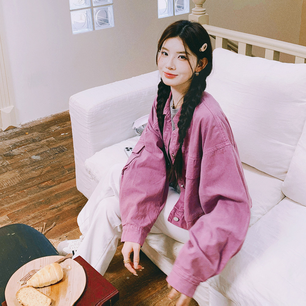 紫粉色复古减龄牛仔短外套女2025春秋季新款韩版休闲显瘦夹克上衣,女装短外套,2C137