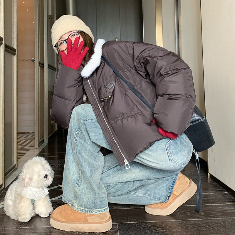 LeceaAlice短款羽绒服女2025冬季新款韩版拼接毛绒白鸭绒面包服,女装短外套,2C088