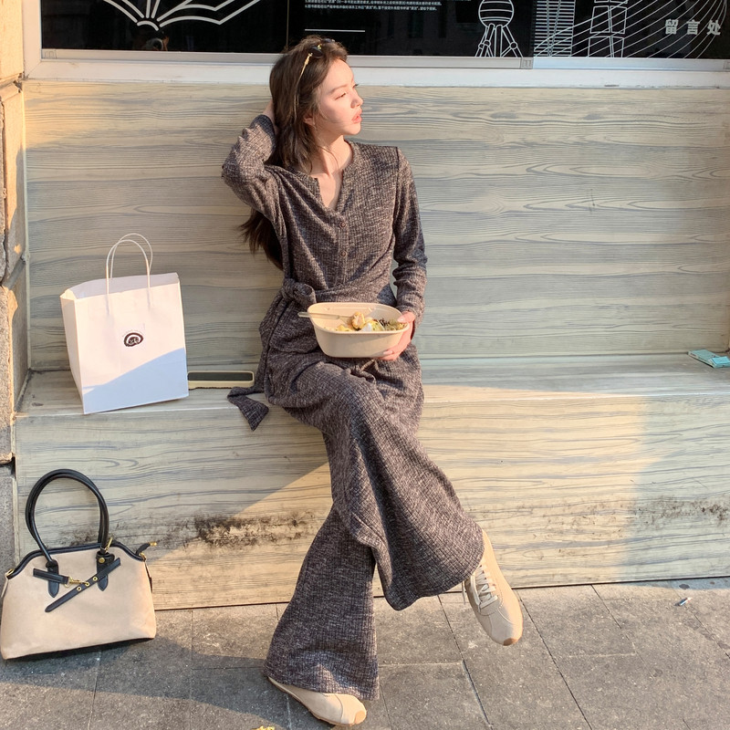 设计感系带显瘦针织上衣阔腿裤套装女2025秋韩系复古松弛感两件套,女装套装/套裙,2C353