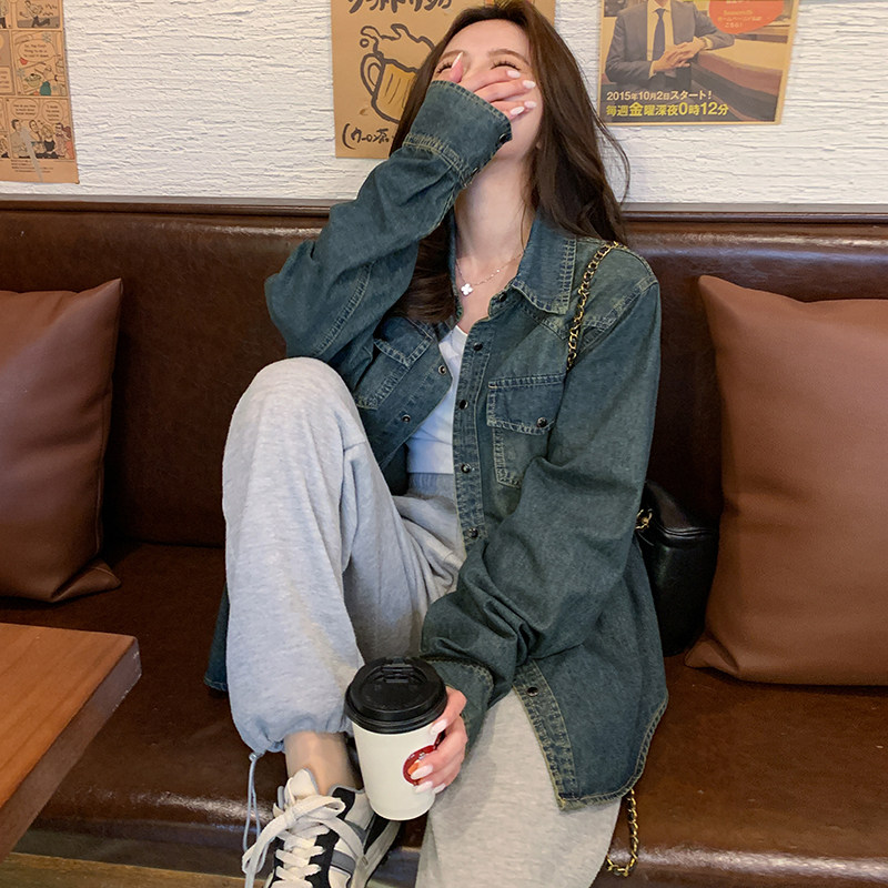 港风复古时尚牛仔衬衫外套女2025春秋季新款韩版宽松显瘦减龄上衣,女装衬衫,2C220