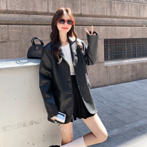 减龄机车服黑色西装皮衣外套女春秋2025新款百搭流行爆款PU皮夹克图片