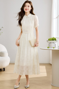 新中式改良旗袍连衣裙女夏季2025新款洋气质减龄收腰提花天丝长裙图片