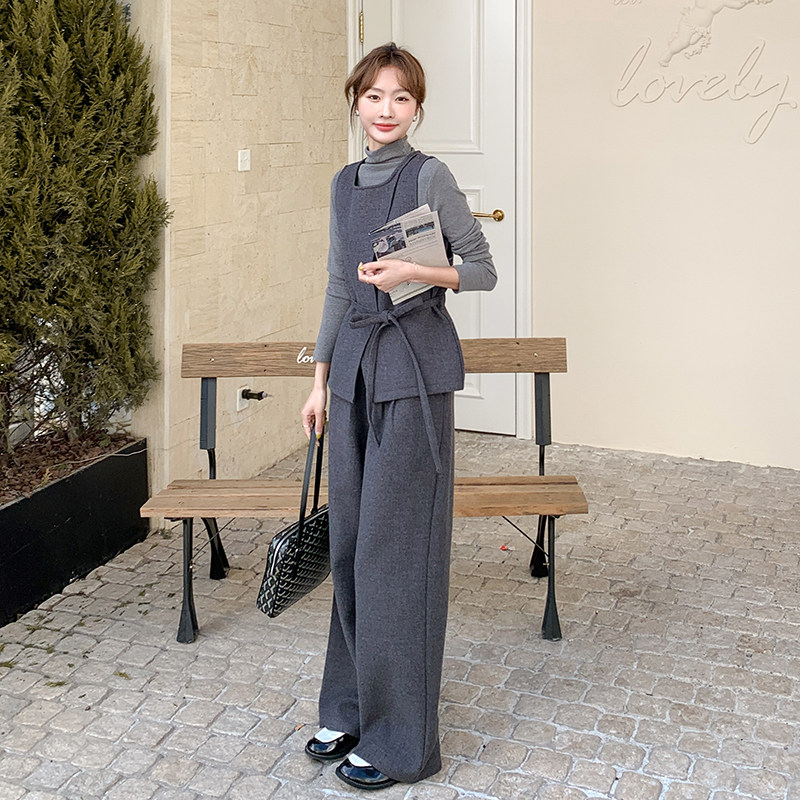 一整套入冬穿搭高级感灰色毛呢套装女2024新款马甲半身长裙三件套,女装套装/套裙,2C203