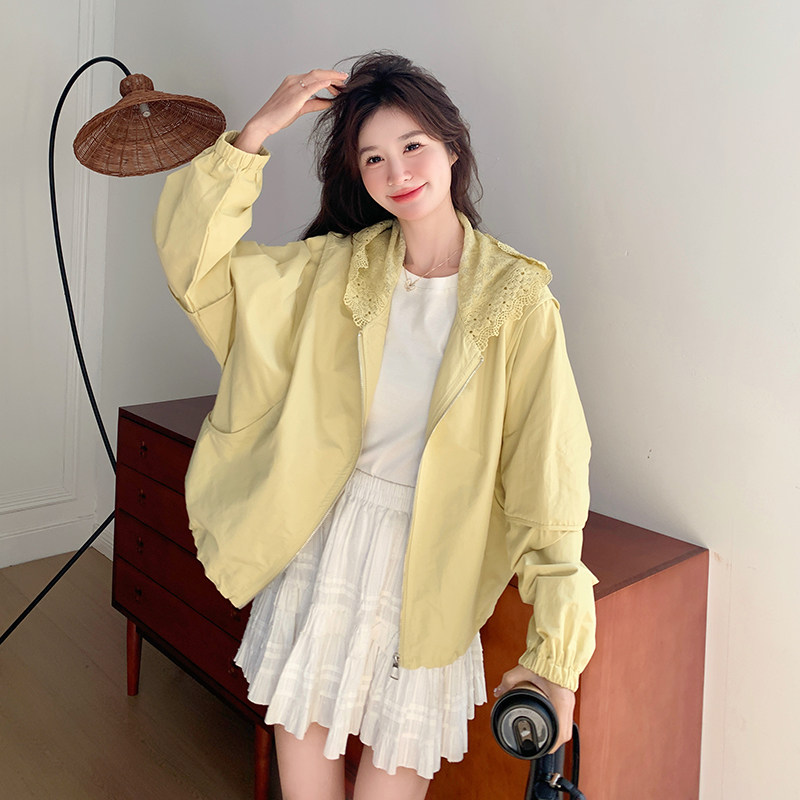 黄色蕾丝拼接短款外套女2025春季新款韩版小个子甜美减龄夹克上衣图片