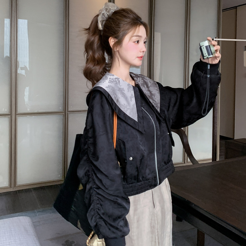 黑色新中式国风提花短外套女秋季2025新款超好看印花休闲减龄夹克,女装短外套,2C266