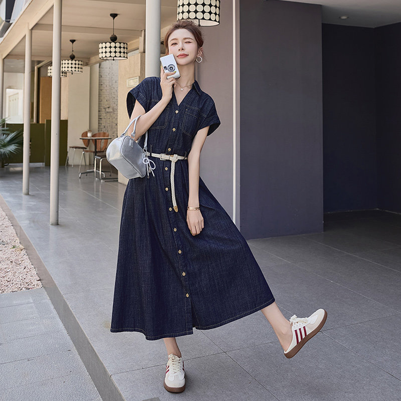 韩版牛仔蓝收腰连衣裙女2025夏季新款时尚独特超好看减龄显瘦长裙图片
