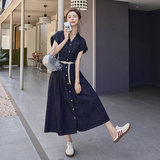 韩版牛仔蓝收腰连衣裙女2025夏季新款时尚独特超好看减龄显瘦长裙，女装连衣裙，2C215