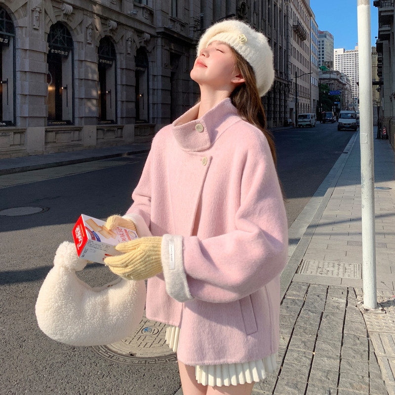 粉色甜美立领双面羊绒大衣女2025秋冬新款韩系简约小个子毛呢外套,女装羊绒大衣,2C115