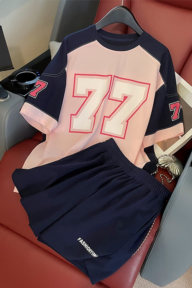 宽松减龄字母印花短袖T恤阔腿短裤两件套,女装套装/套裙,2C310