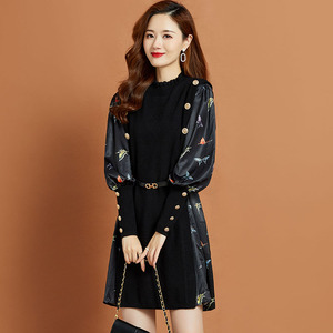 连衣裙女2025秋季新款韩版百搭收腰显瘦气质女神范印花拼接针织裙图片