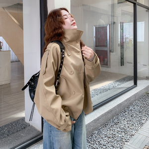 时髦酷飒风高级感风衣外套女2025秋季日系双排扣百搭立领短款上衣图片