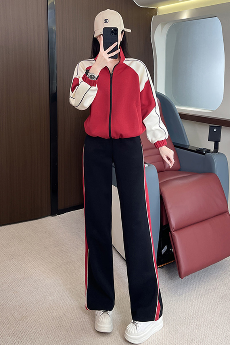 洋气红色立领上衣显高阔腿裤两件套潮,女装套装/套裙,2C310
