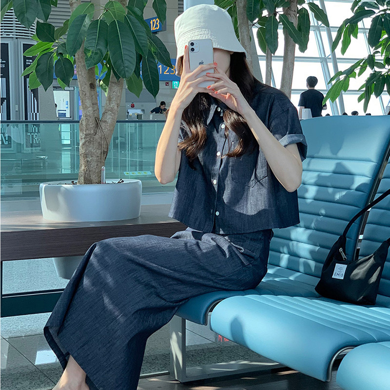 韩系复古牛仔套装裙女夏季2025新款高级感别致衬衫半身长裙两件套,女装套装/套裙,2C009