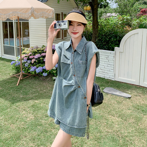复古设计感不规则无袖衬衫上衣女2025夏季新款时髦阔腿短裤两件套图片