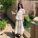 【现货】2025夏季新款刺绣套装连衣裙学院风减龄小衫+长半裙，女装连衣裙，2C238