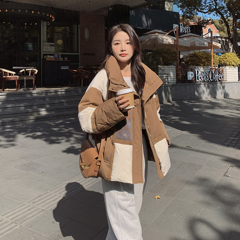 重工刺绣面包服咖色文艺复古拼接保暖冬外套90绒2257P295控458,女装羽绒服,2C166