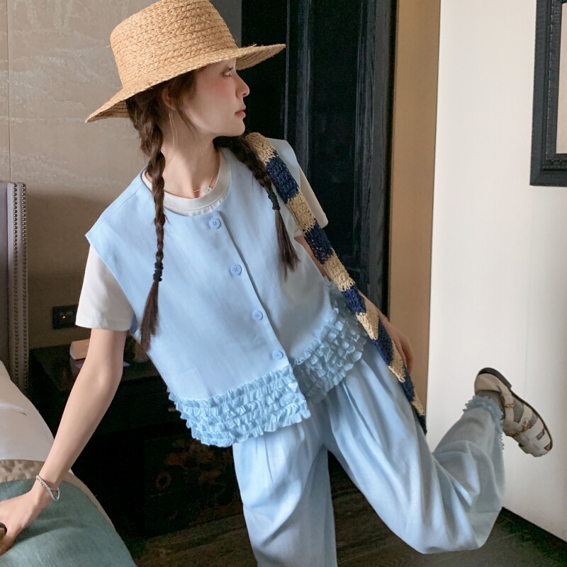 新款现货！2025夏季棉麻套装！浅蓝色花边马甲+裤子P150K208,女装套装/套裙,2C320