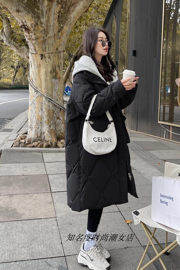 菱格假两件羽绒服女冬季中长款加厚韩系欧版过膝白鸭绒外套宽松,女装羽绒服,2C295