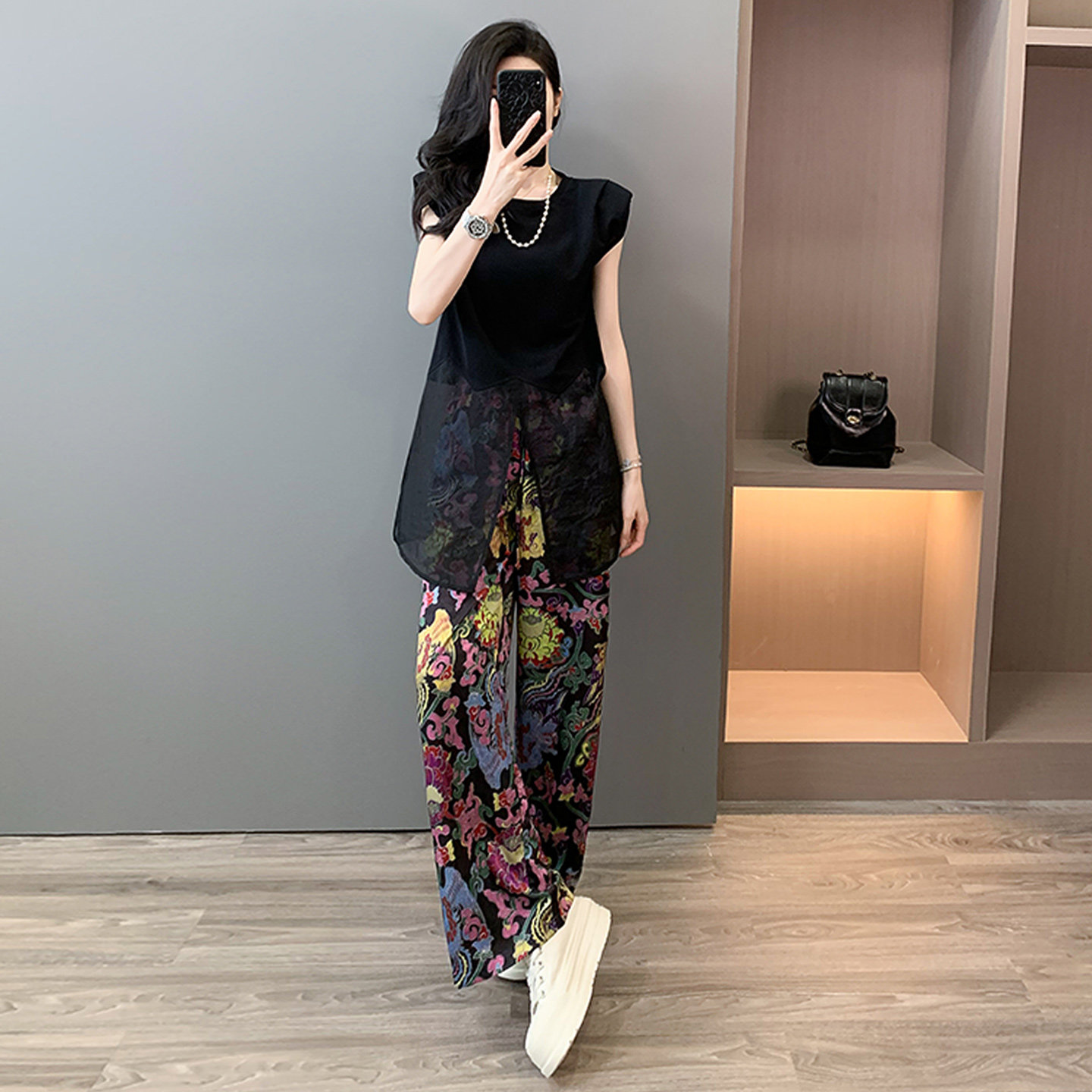 高级感时尚潮流套装女夏新款开叉设计无袖网纱拼接短袖长裤两件套图片