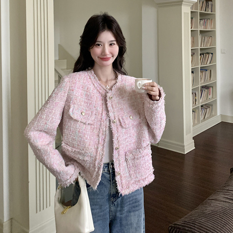 绝美气质感粉色短款小香风外套女春秋超火好看高级感小众夹克上衣,女装短外套,2D035