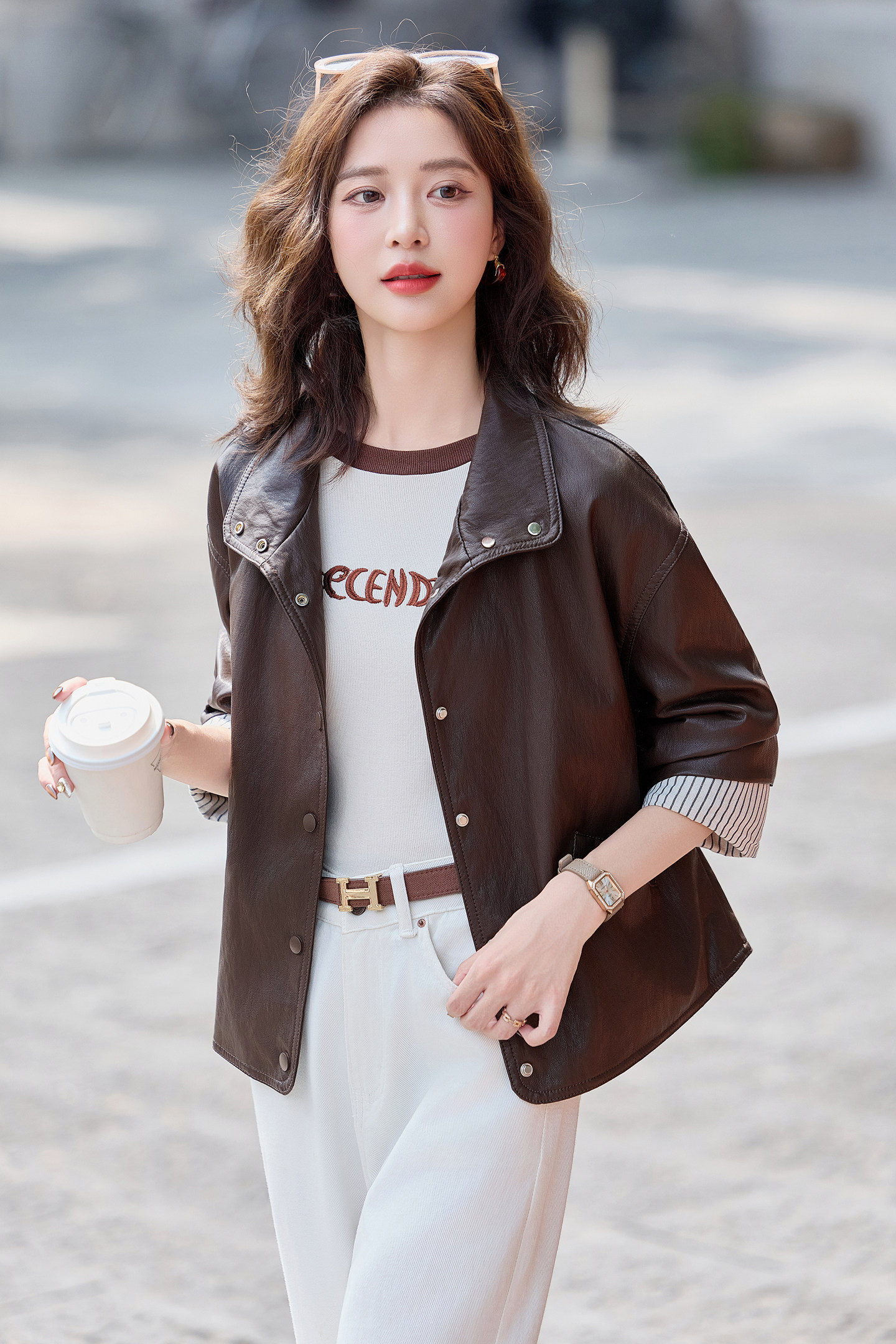 新品现货潮流时尚皮衣外套女休闲宽松显瘦1C115-8113-P120-K228,女装皮衣,吾爱衣