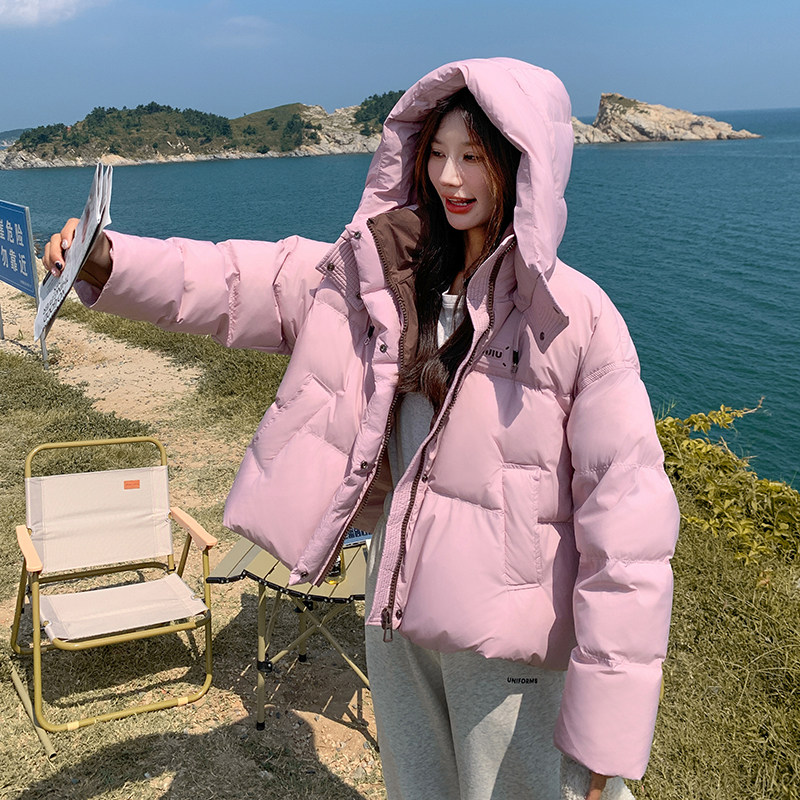 粉色宽松羽绒服女连帽韩系学生2024冬新款温柔风小个子面包服外套,女装羽绒服,2D148