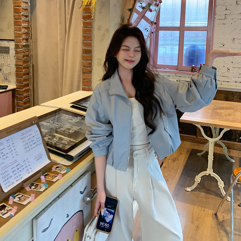 酷飒风蓝色短款机车服外套女春秋2025超火好看高级小众皮夹克上衣,女装皮衣,2C022
