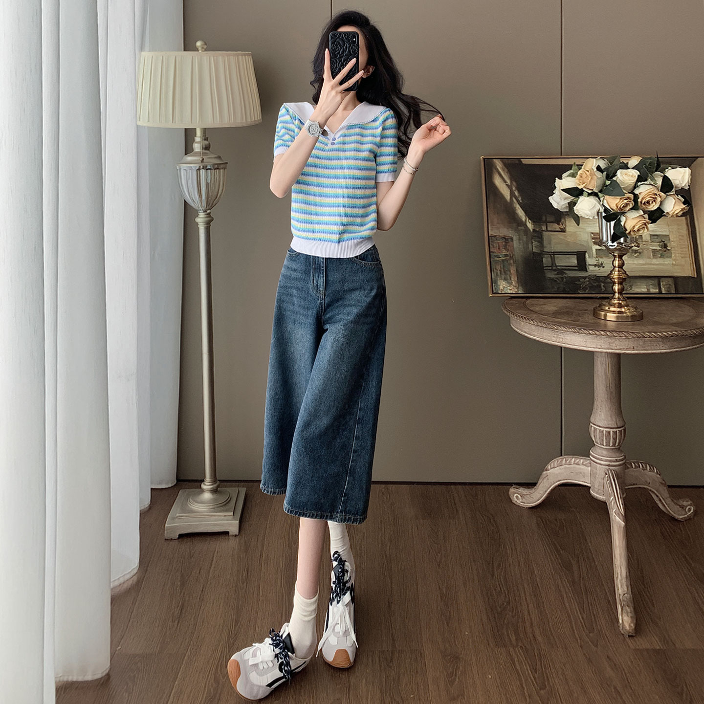 小个子时尚潮流套装女夏季洋气显瘦娃娃领条纹短袖牛仔中裤两件套,女装套装/套裙,2C310
