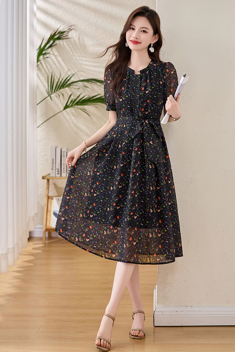 【现货】时尚碎花连衣裙女系带收腰减龄显瘦1C115-6225-P115-K258,女装连衣裙,吾爱衣