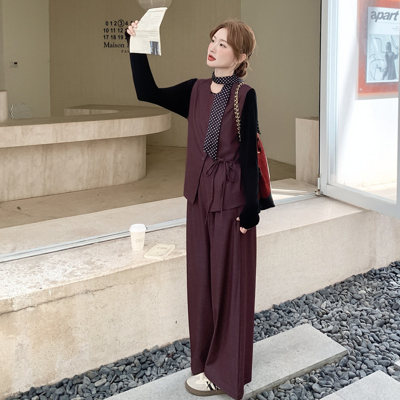 高级感复古气质马甲阔腿裤T恤套装女2025秋季新款时尚减龄三件套,女装套装/套裙,2C159